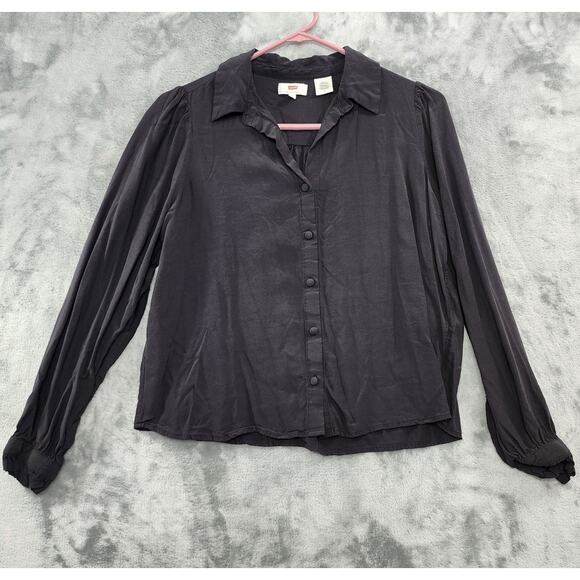 Levi's Viscose Knit Collared Button Down Top Size M Black Long Sleeves Office - Picture 1 of 12